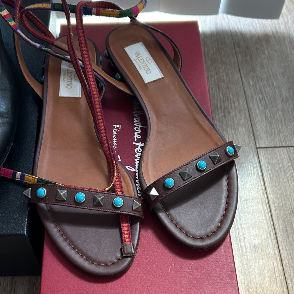 Valentino Brown Sandals with Turquoise and Multicolor Straps